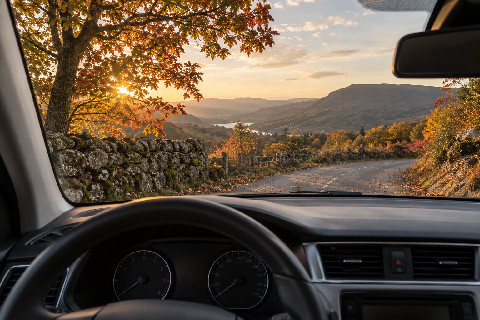 Blick aus einem geparkten Auto auf eine herbstliche Landstraße.