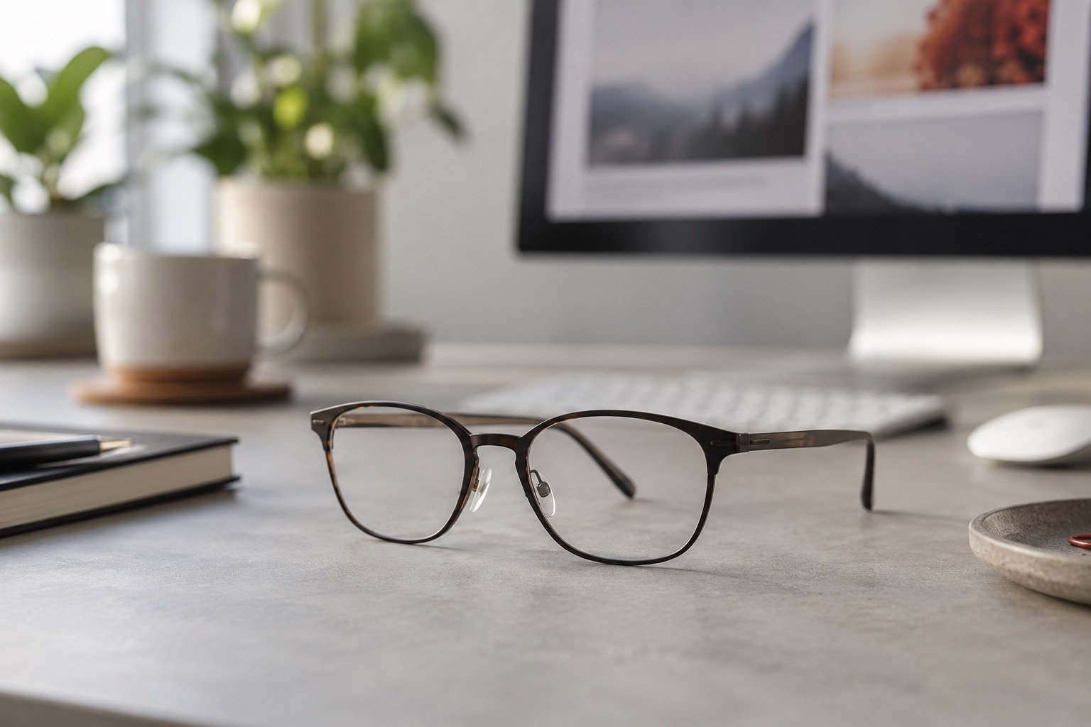 Klare Brille vor einem unscharfen Bildschirm.