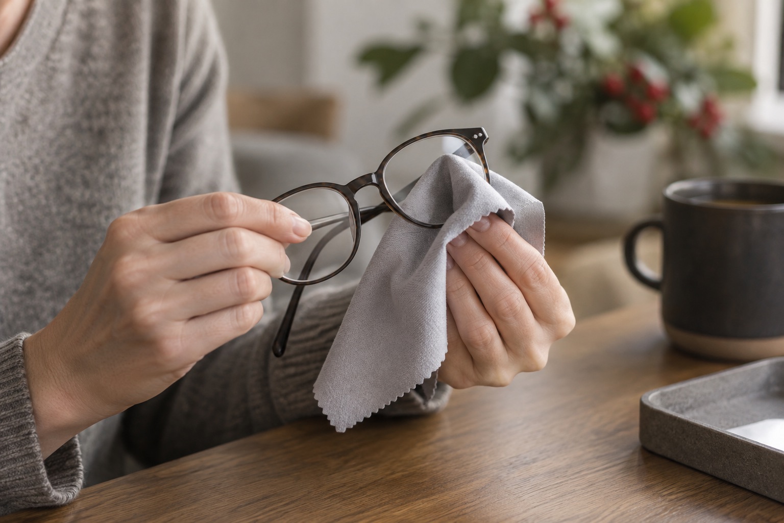 Hände reinigen eine Brille behutsam mit einem Mikrofasertuch.