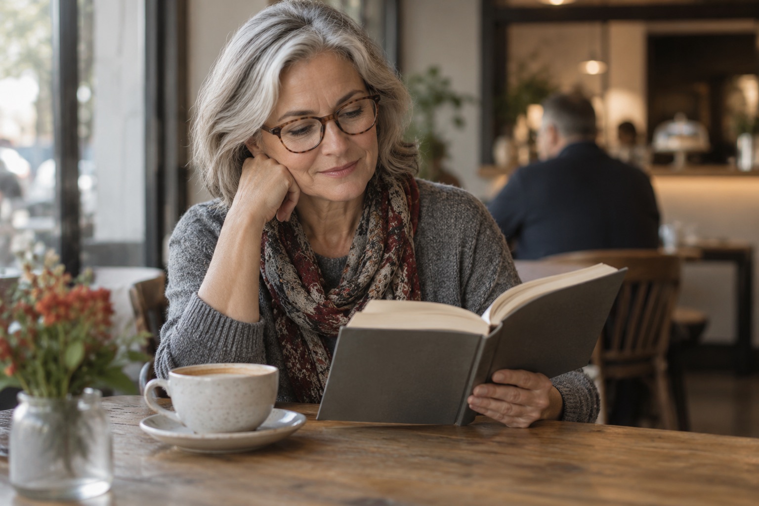 Frau mit Brille liest entspannt in einem Café.