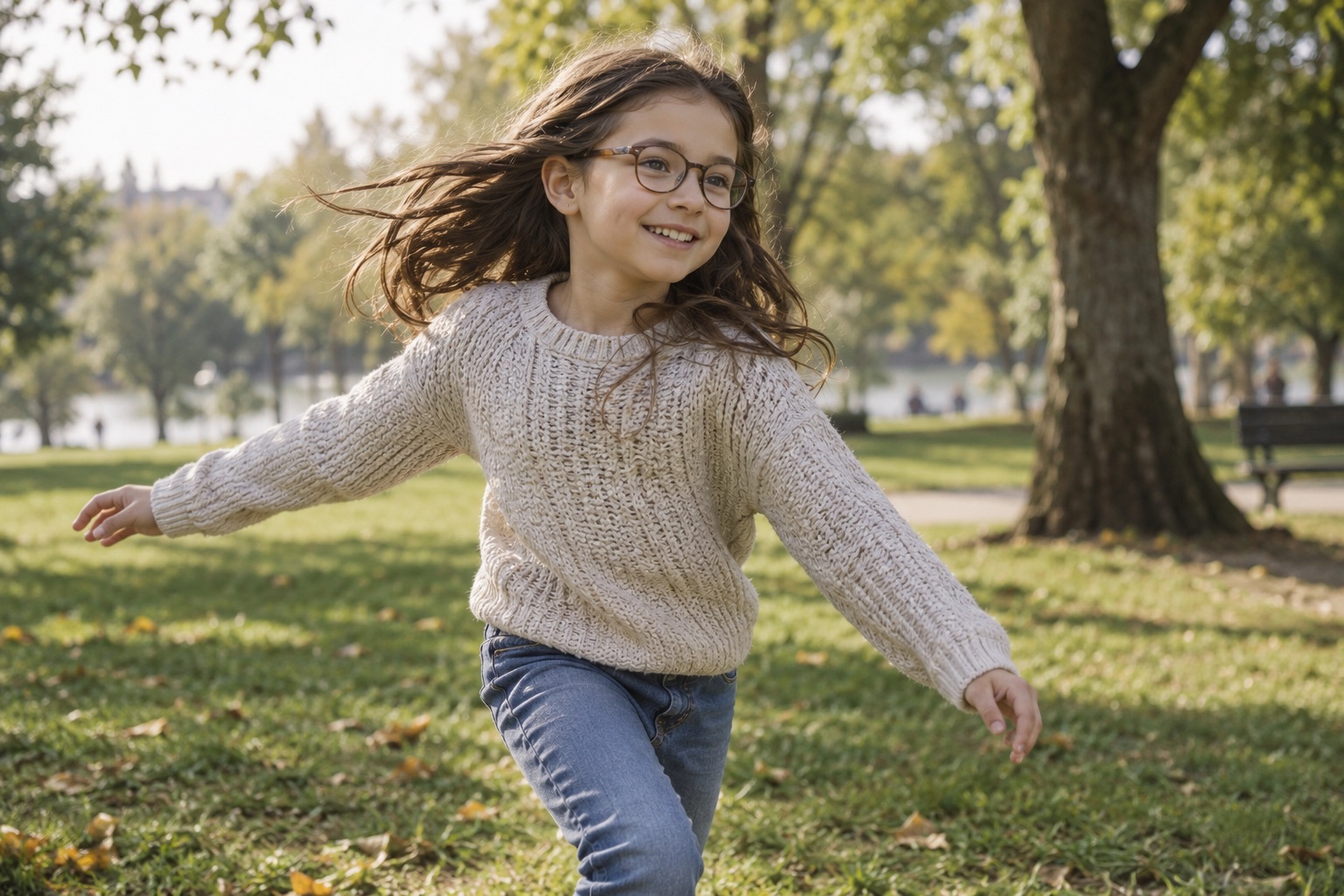 Kind mit Brille spielt bei Tageslicht im Park.