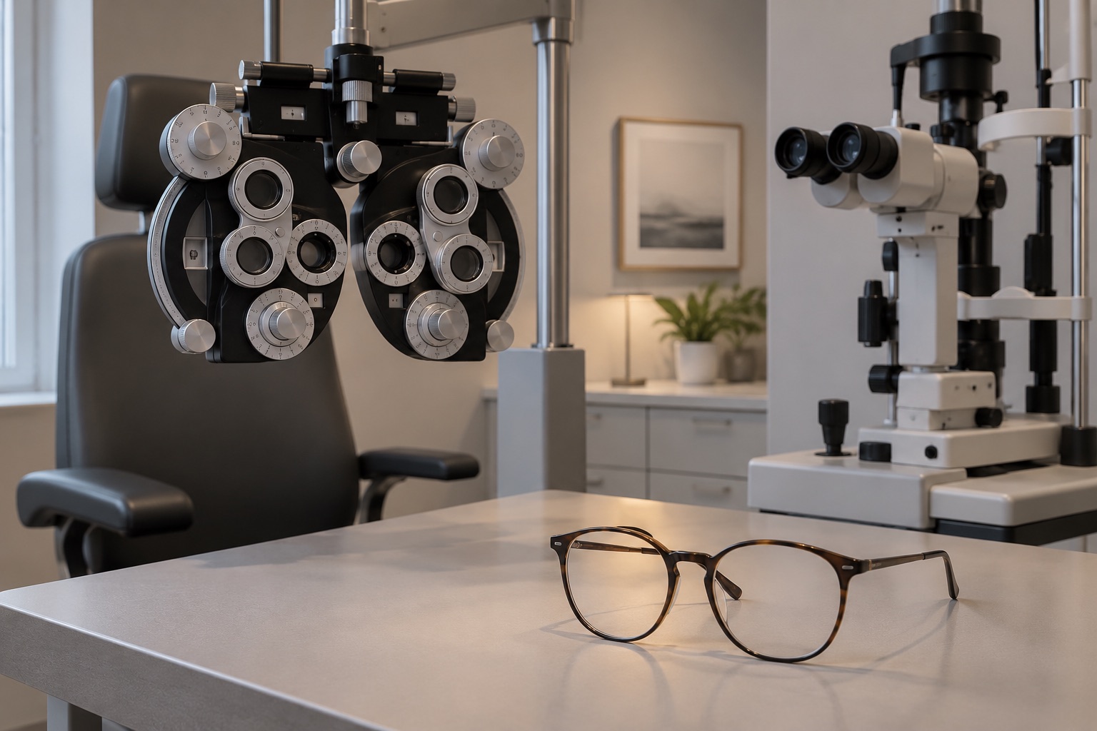 Neutrales Untersuchungsgerät und Brille in einem ruhigen Raum.