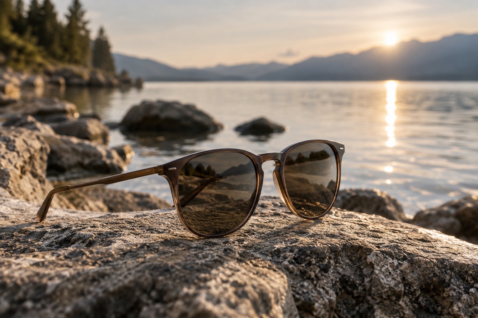 Sonnenbrille am Seeufer mit Lichtreflexen auf dem Wasser.